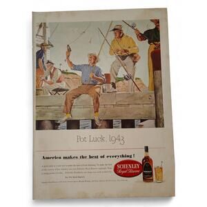 1943 Schenley Reserve Whiskey Print Ad Pot Luck Fishing Dock Scene 1940s Ephemer